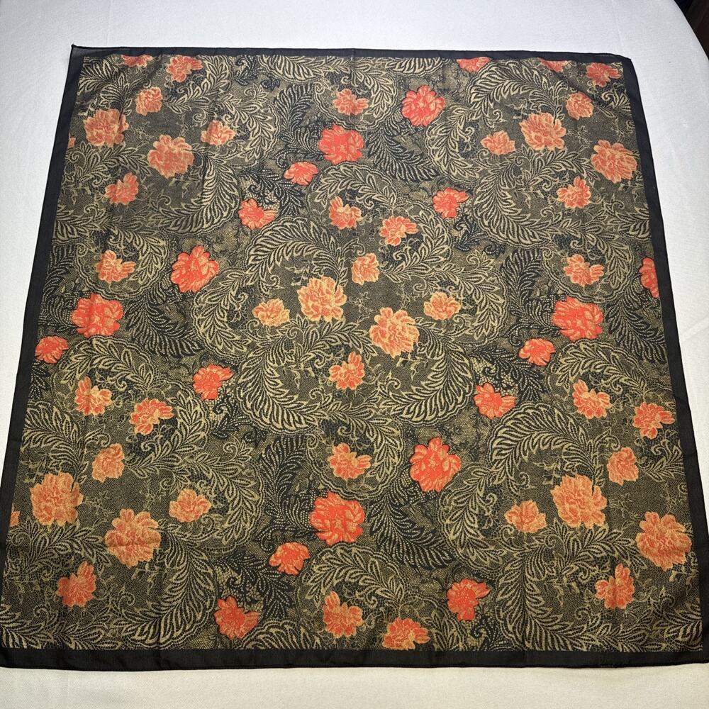 Vintage 70s Glentex Italy Scarf Botanical Floral, Black Red Gold Square 30”x30”